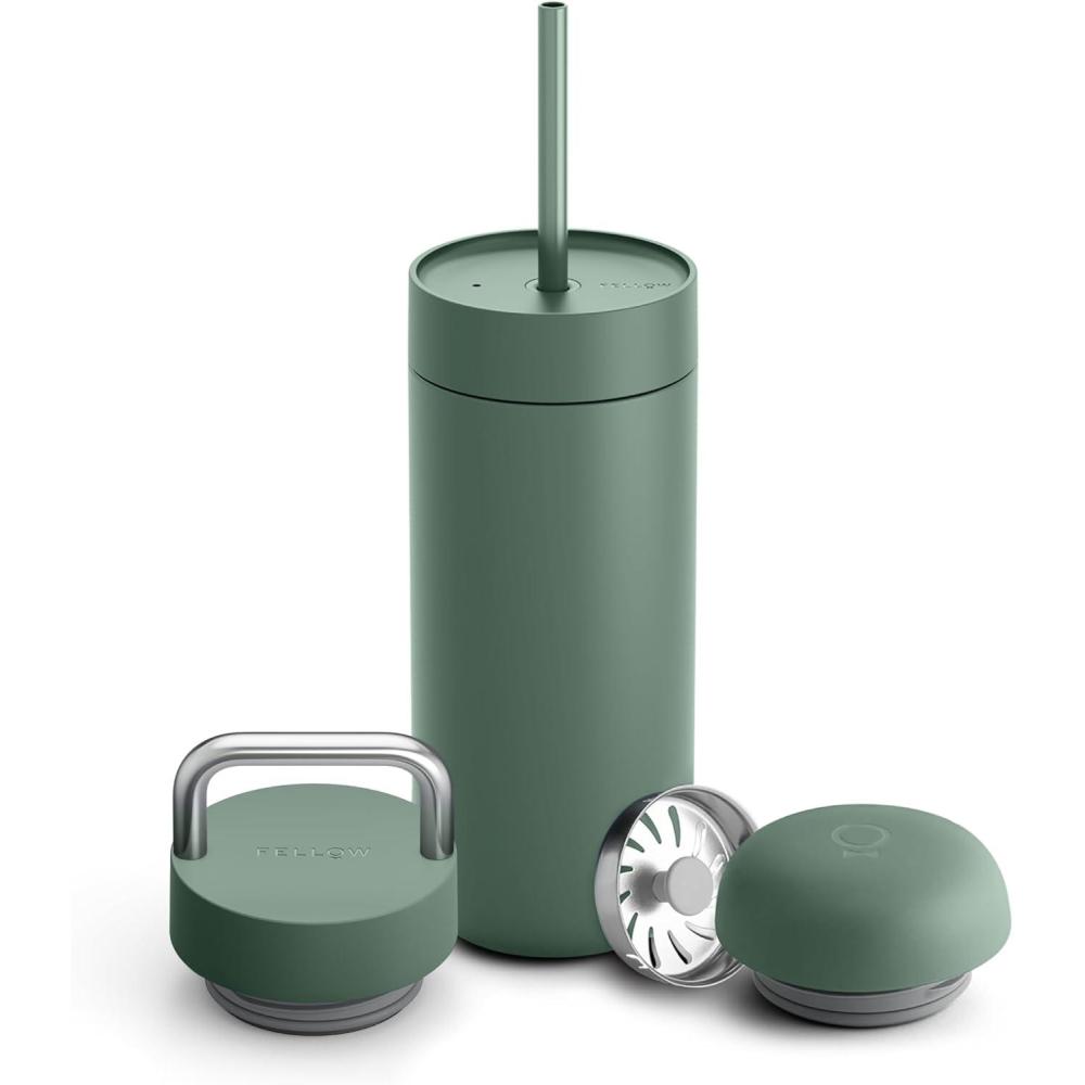 imageFellow 16 oz Carter Bundle 3 in 1 Travel Mug with SlideLock Move ampamp Cold Lids with Straw  ToGo Coffee Tumbler Ceramic Interior ampamp VacuumInsulated Stainless Steel  Coffee CupsMatte BlackSmoke Green