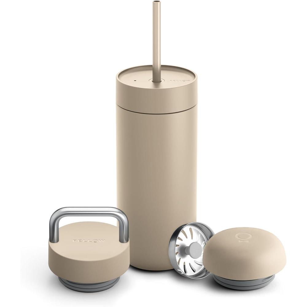 imageFellow 16 oz Carter Bundle 3 in 1 Travel Mug with SlideLock Move ampamp Cold Lids with Straw  ToGo Coffee Tumbler Ceramic Interior ampamp VacuumInsulated Stainless Steel  Coffee CupsMatte BlackSand Dune