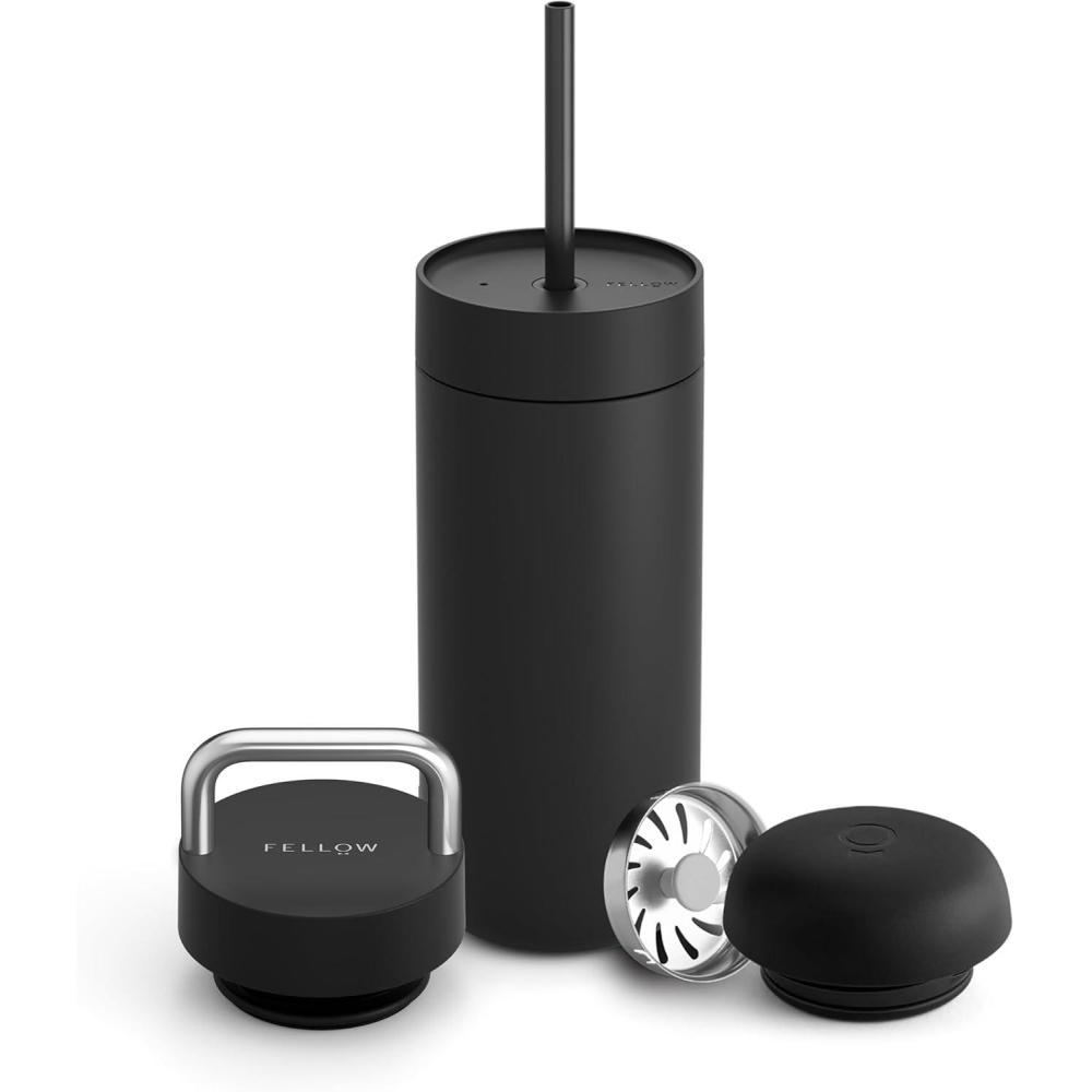 imageFellow 16 oz Carter Bundle 3 in 1 Travel Mug with SlideLock Move ampamp Cold Lids with Straw  ToGo Coffee Tumbler Ceramic Interior ampamp VacuumInsulated Stainless Steel  Coffee CupsMatte BlackMatte Black