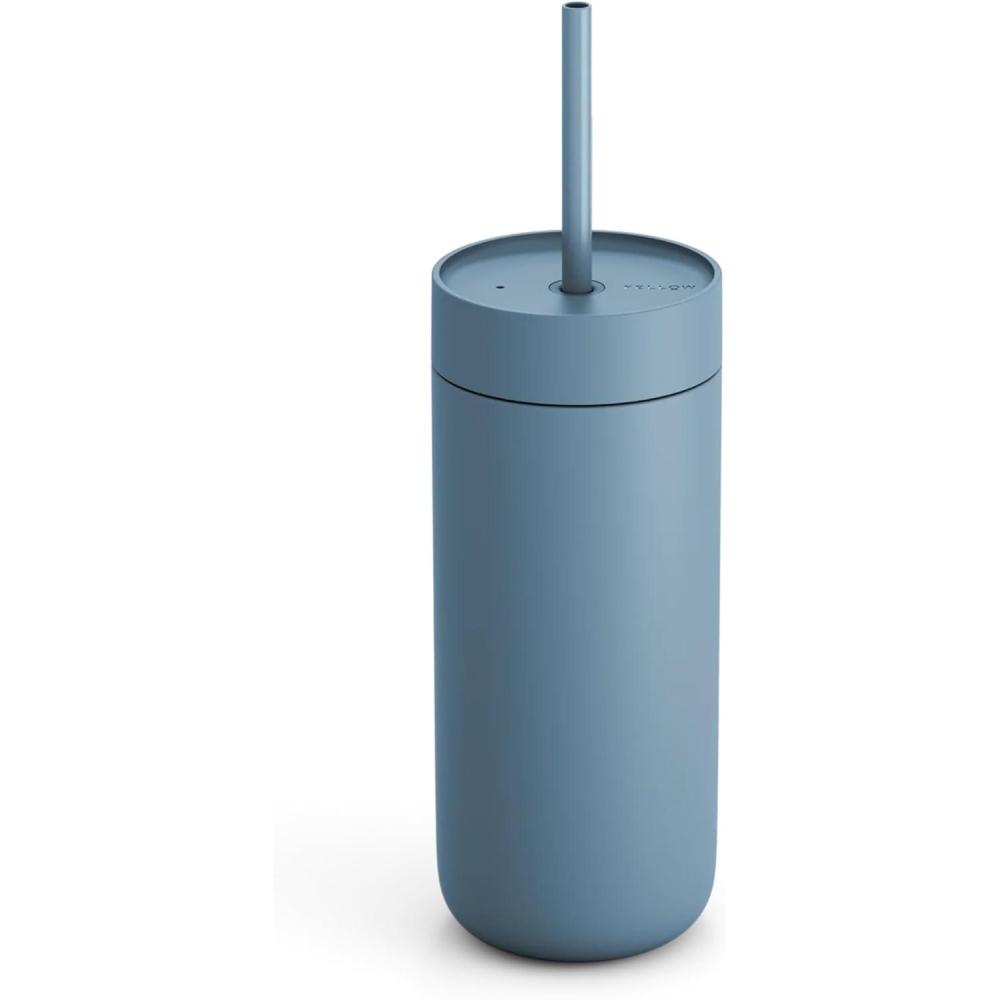 imageFellow 16 oz Carter Cold Tumbler  SpillResistant Straw Lid Stainless Steel VacuumInsulated Cup with Ceramic Interior and Reusable Straw for Cold DrinksFits Cup HoldersDishwasher SafeMatte GreyHazy Blue