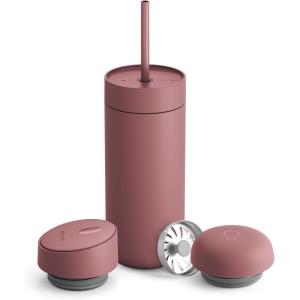 Fellow 16 oz Carter Bundle (3 in 1) Travel Mug with Slide-Lock, Move & Cold Lids with Straw – To-Go Coffee Tumbler, Ceramic Interior & Vacuum-Insulated Stainless Steel – Coffee Cups-Matte Black(Desert Rose)