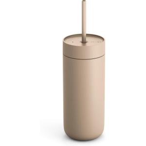 Fellow 16 oz Carter Cold Tumbler – Spill-Resistant Straw Lid, Stainless Steel Vacuum-Insulated Cup with Ceramic Interior and Reusable Straw for Cold Drinks,Fits Cup Holders,Dishwasher Safe,Matte Grey(Sand Dune)