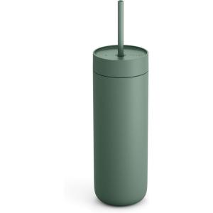 Fellow 20 oz Carter Cold Tumbler – Spill-Resistant Straw Lid, Stainless Steel Vacuum-Insulated Cup with Ceramic Interior and Reusable Straw for Cold Drinks, Fits Cup Holders,Dishwasher Safe,Matte Grey(Smoke Green)
